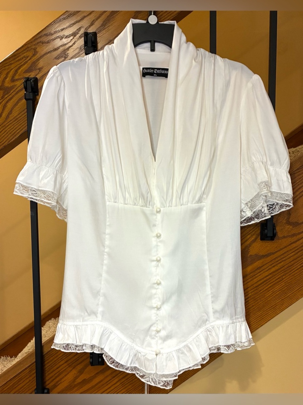 Scarlet Darkness Blouse Victorian Lace Up Short Sleeve Button Down White SZ. XL